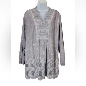 Sweet Magnolia Womens Gray Roll Tab Sleeve Eyelet Boho Pintuck Tunic Top Size XL
